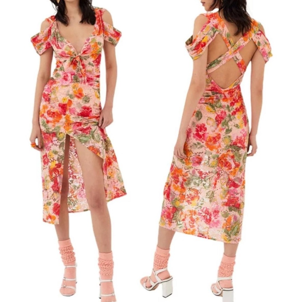 NWT For Love & Lemons Beth Pink and Red Flowered Midi Dress Small NWT